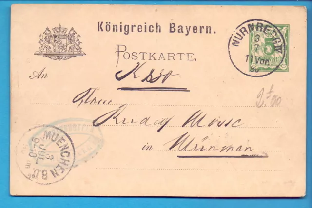 (k219) Königreich Bayern, Ganzsache P38 /01w, von Nürnberg  nach München