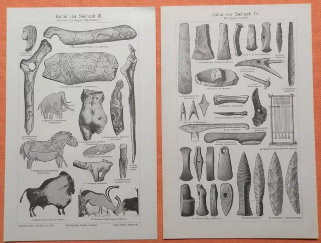 Kultur der Steinzeit I-IV  Paläolithikum Mammut Dolch Feuerstein Holzstich 1909