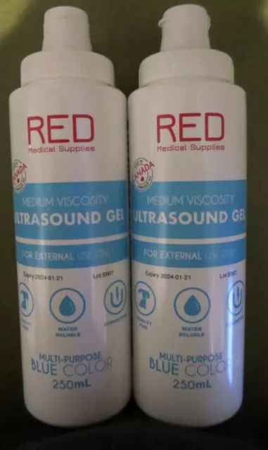 2 Bottles of 250ml (ea) RED Conductive Ultrasound Gel Medium Viscosity blue