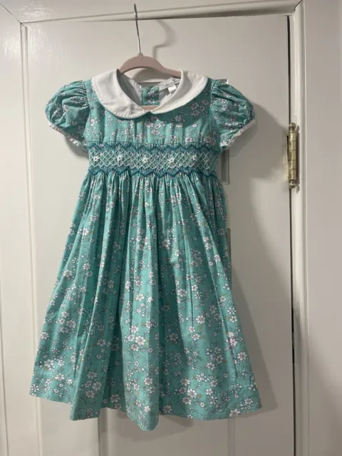 Fantasie Kids Smocked Cotton Green Floral Dress Peter Pan Collar size 3T EUC