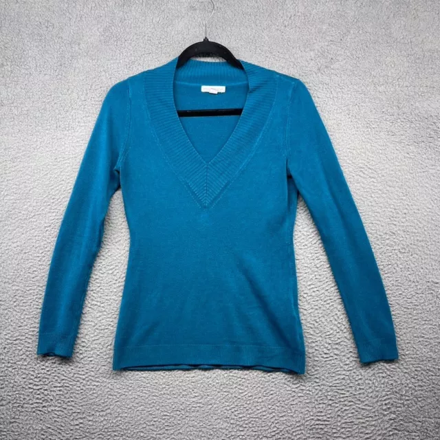 New York & Company Damenpullover blau V-Ausschnitt Strick Langarm Stretch Größe XS