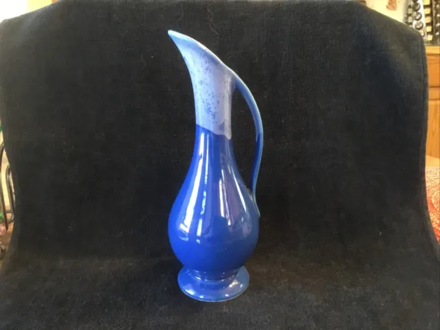 Vintage USA Pottery 8 1/2” Blue drip glaze bud vase pitcher handle ~ MCM