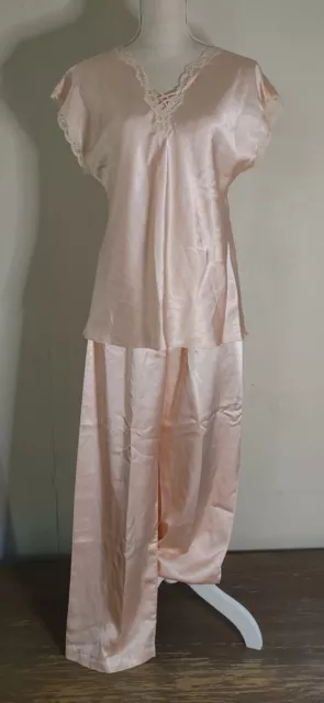 Vintage Oscar de la Renta Pajamas White Label Neiman Marcus 2 Pc Pink Satin sz M