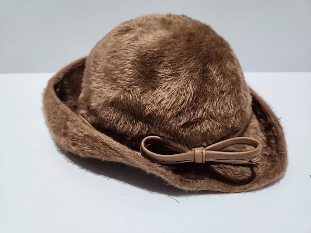 Vintage Womens 1950's Felted Fur Cloche Hat Bow Trim Brown 52cm