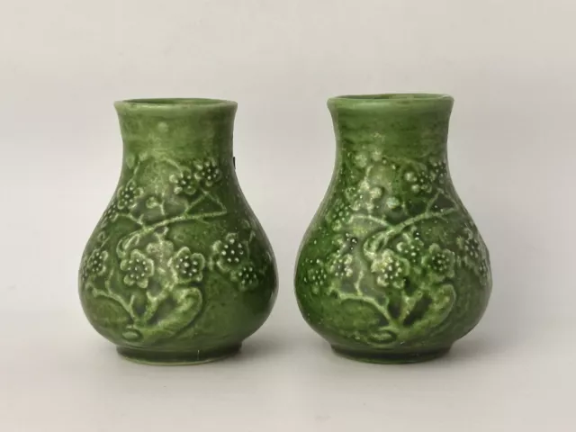 Pair Vintage Chinese Miniature Green Glaze Porcelain Floral Motif Vases