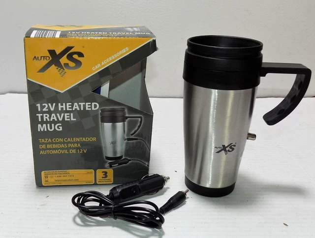 Auto XS Heated Travel Mug 14 oz; 12V Auto Plug, Stainless Steel ; Black
