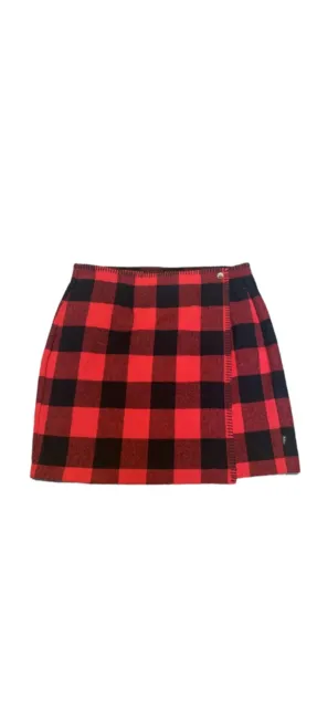 Woolrich Buffalo Plaid Wrap Short Skirt Red Black Sz 8 Wool Blend Pockets