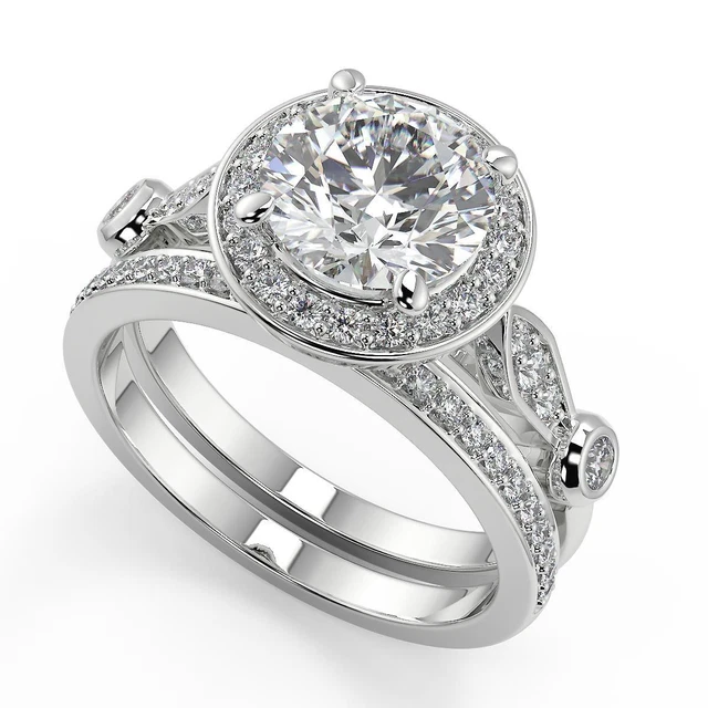 2.1 Ct Round Cut Halo Pave Diamond Engagement Ring VS2 F Treated