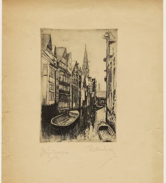 Grav. Eau-Forte "Barques dans le Canal" Hambourg. Signé Alfred Jensen début 1923