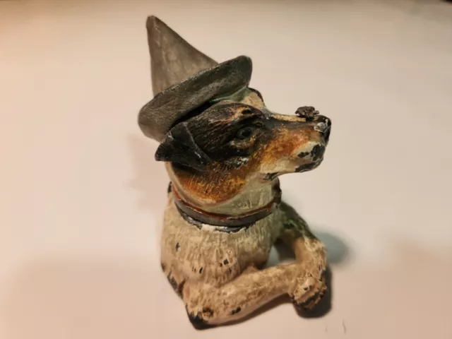 Old German Fox Terrier Dog in Hat Metal Spelter Inkwell Pincushion - Bee On Nose Old German Fox Terrier Dog in Hat Metal Spelter Inkwell Pincushion - Bee On Nose