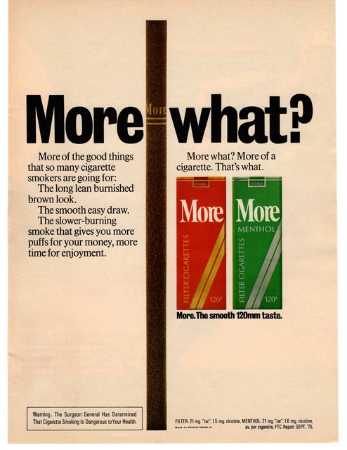 moore menthol cigarettes More Silver 120's Soft Pack More Menthol Cigarettes 1980s Print