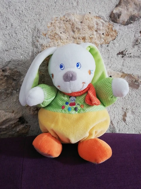 Doudou Peluche Mots D'enfants Lapin Boule Jaune Vert Orange Pois Écharpe chat