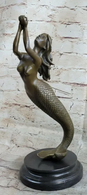 15" European Bronze Fairy Belle Mermaid Sea-maid Fish Sea-maiden Dolphin Statue