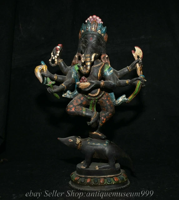 12.4" Old Tibet Tibetan Bronze Painting Ganesh Lord Ganesha Elephant God Buddha