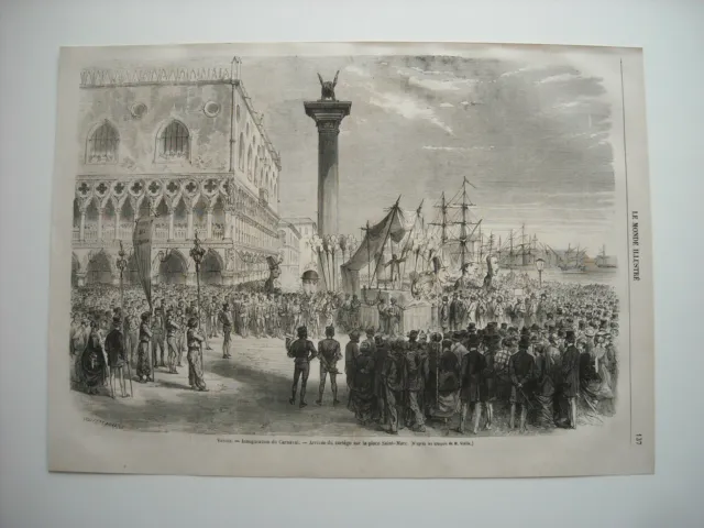 Gravure 1868. Venise. Inauguration Du Carnaval. Arrivee Cortege Place Saint-Marc