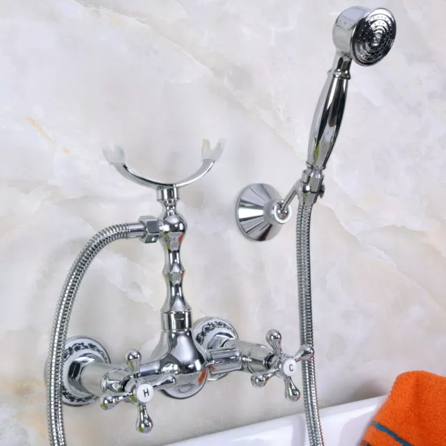 Chrome Brass Wall Mount Bathtub Faucet Set Bath Handheld Shower Taps Kit 2na255