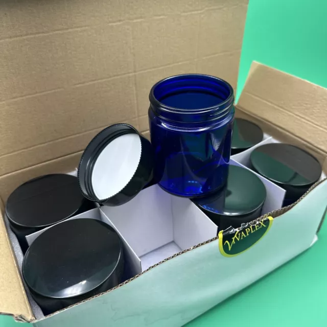 Vivaplex Cobalt Blue 8 oz Round Glass Jars With Black Lids & Liners - 8 Pack NEW