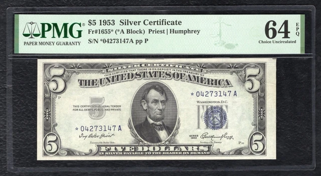 Fr. 1655* 1953 $5 *Star* Silver Certificate Currency Note Pmg Uncirculated-64Epq