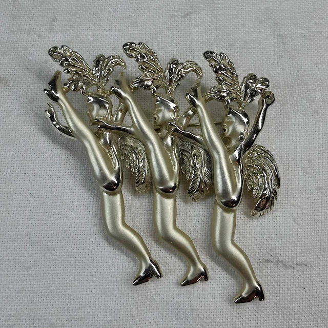 Vintage Large 2.5" SilverTone Can-Can Dancers Large Costume Brooch Pin