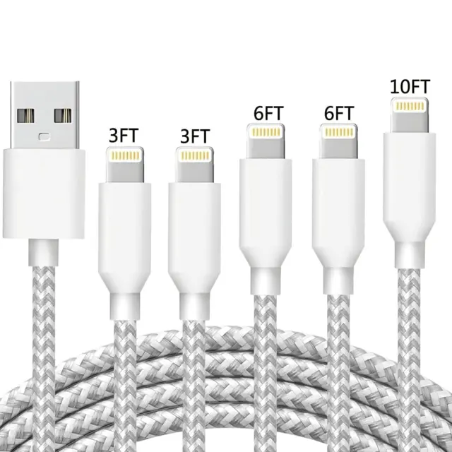 Iphone Fast Charger Cable Apple Mfi Certified 5Pack White[3/3/6/6/10Ft] Long Lig