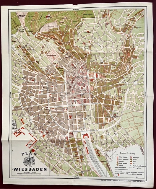 WIESBADEN HISTORISCHER STADTPLAN antike Karte Lithographie Stadtkarte