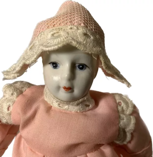 Vintage Antique German Bisque Bonnet Head Doll W/ Closed Mouth & Cloth Body 7”