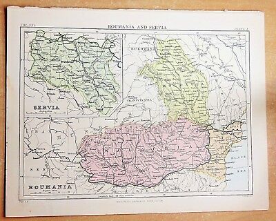 Antique Map of Roumania and Servia, circa 1886