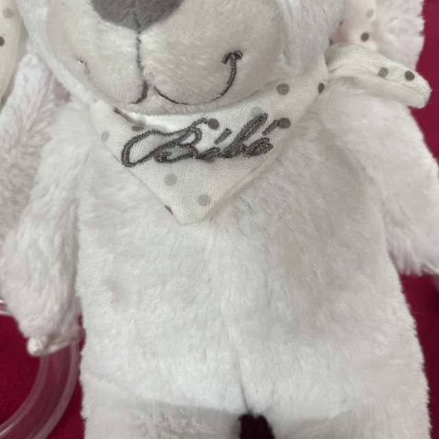 🇫🇷 Doudou Peluche Lapin Blanc Pois Gris Activité Anneau Balle Pommette Neuf 3