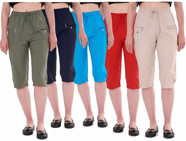 LADIES CROPPED TROUSERS Rich Cotton Elasticated Zip Pockets Women Capri M to 3XL 10.95 PicClick UK