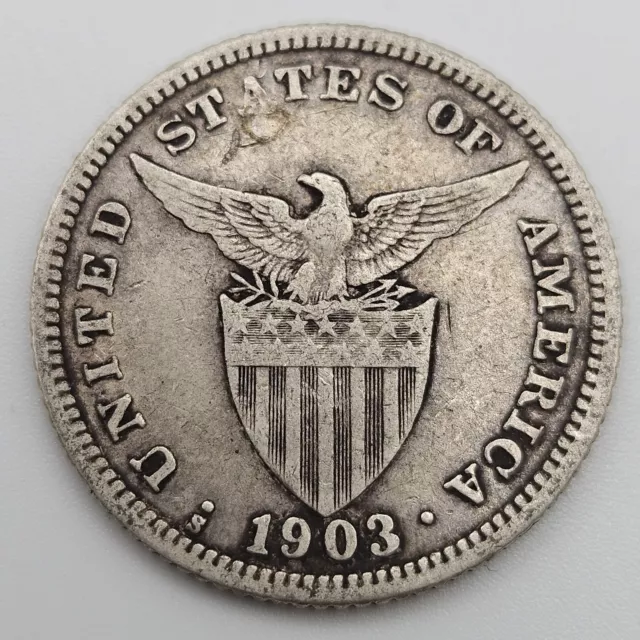 1903-S 20 Centavos VF Details Philippines US Silver Coin Twenty USA