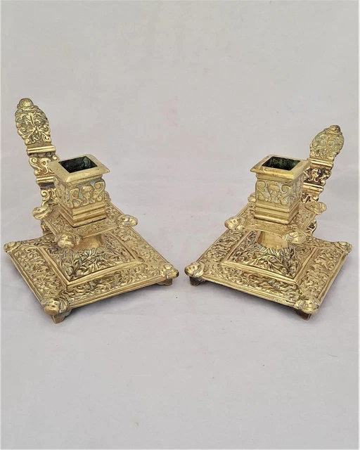 Pair antique French brass square Gothic Revival chambersticks Napoleon III 1860
