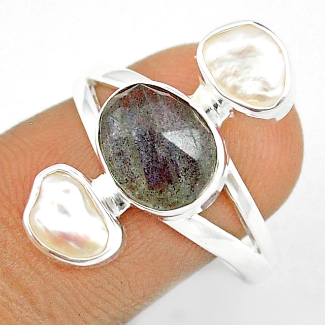 Jaipur Silver 6.73cts Checker Cut Natural Labradorite Pearl Ring Size 9 U26152