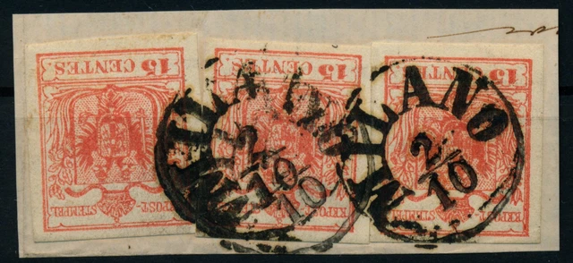 LOMBARDEI-VENETIEN 1850 3*15C auf Briefstück, MP, Type III. MILANO.