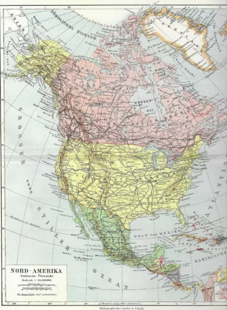 Nordamerika Politische Übersicht - Alte Landkarte 1928 Karte Antique Map