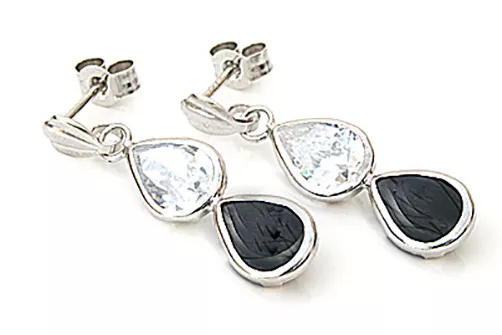 9ct White Gold Black Onyx and CZ Teardrop earrings Gift Boxed Made in UK