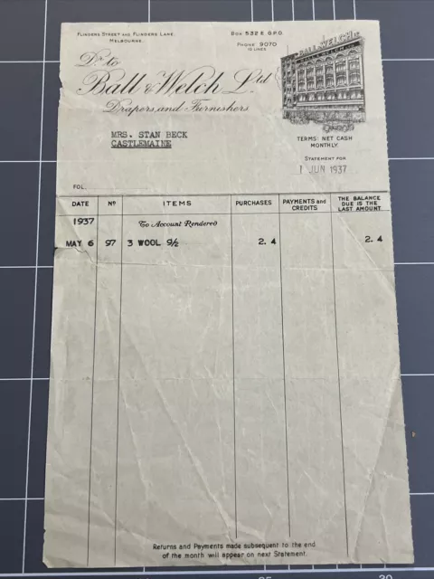 Vintage Receipt Ball & Welch Drapers & Furnishers Flinders St Melbourne 1937