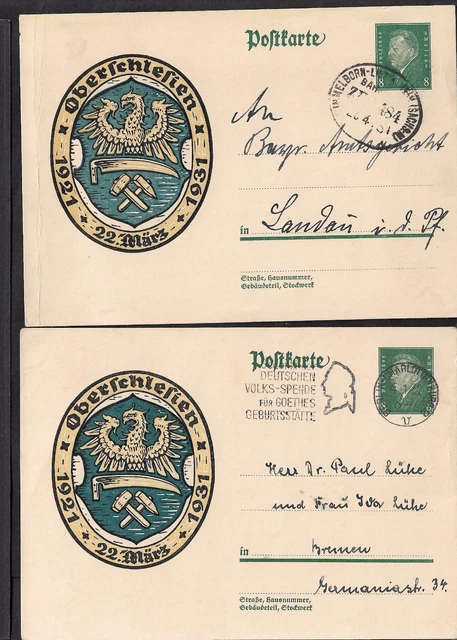 Oberschlesien 1931/32 mit MiNr. DR 412 o, Postkarten zur Auswahl, gestempelt o