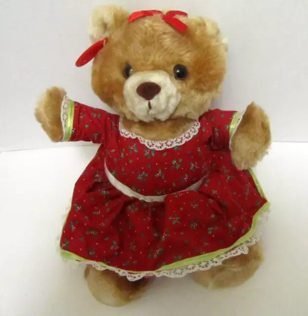 Russ Berrie Holly Bear VTG Plush 11" Stuffed Small Teddy Dress Red Ribbon Bow