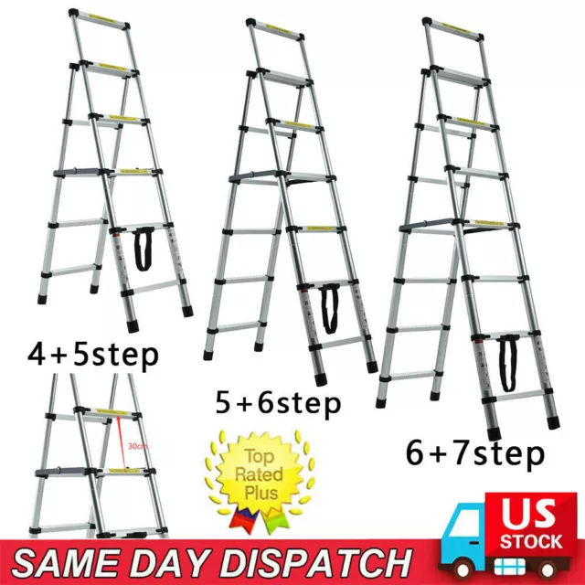 Telescopic Ladder 4+5/5+6/6+7 Steps Folding Heavy Duty Aluminium A-Frame Ladder
