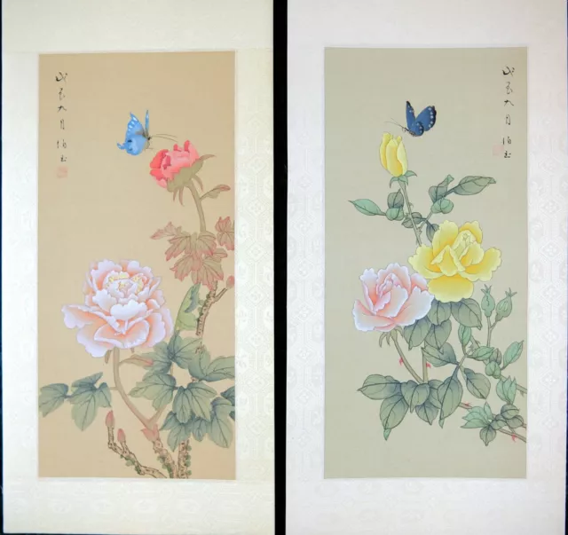 Vintage Asian Watercolor on Silk Paper, Two Chinese Painting, Butterfly and Rose