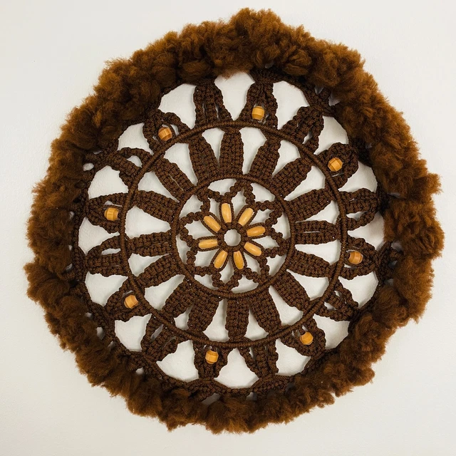 1970s VTG Macrame Medallion Sundial Wall Art Round Circular Wood Beads Large 35"