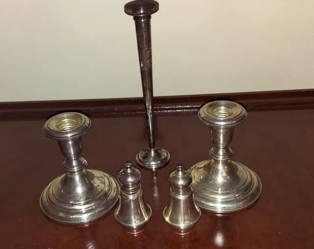 sterling pair candlesticks, salt & pepper shakers, one bud vase