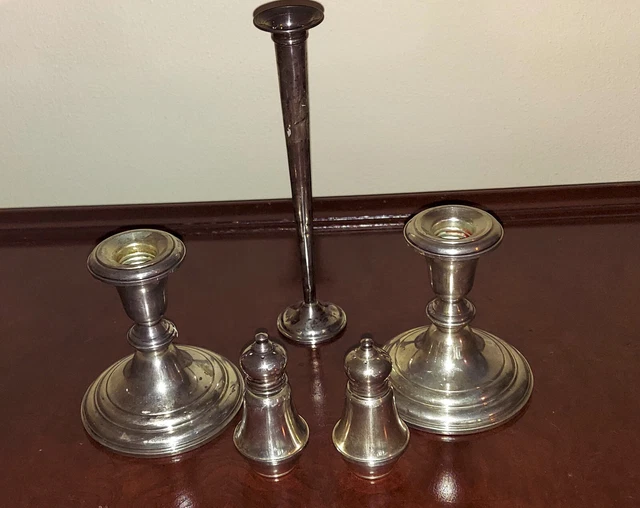 sterling pair candlesticks, salt & pepper shakers, one bud vase