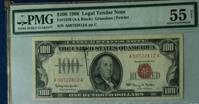 1966 $100 Pmg 55 About Uncirculated, Legal Tender Note, Red Seal     8932