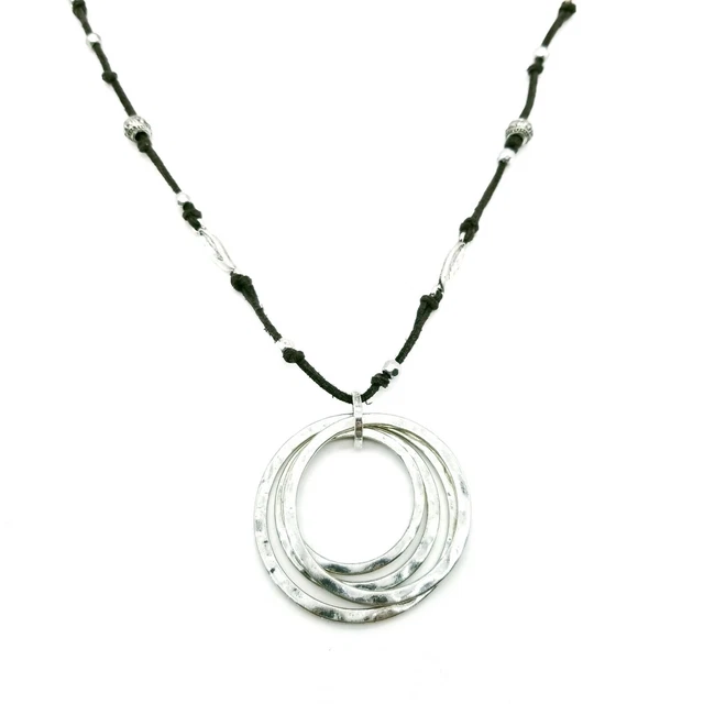 Charming Charlie Signed Necklace Hammered Circle Brown Suede Feather Silvertone 2