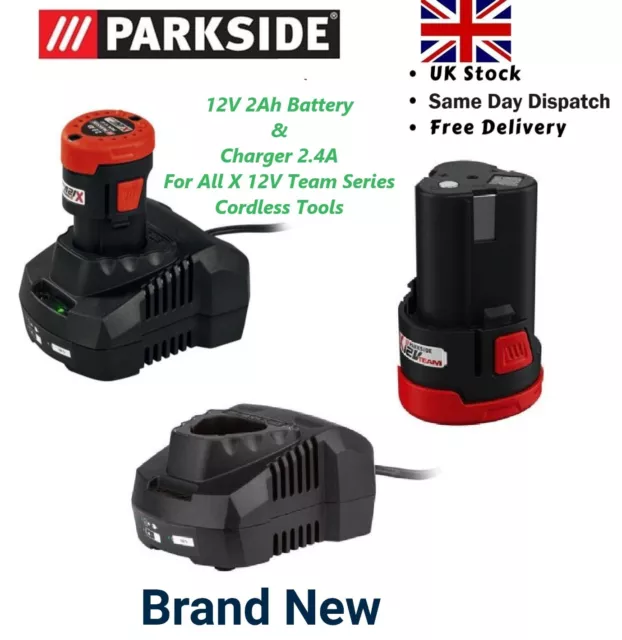 Parkside 12V 2Ah Battery & Charger 2.4A For All X 12V Team Series, New, UK Stock