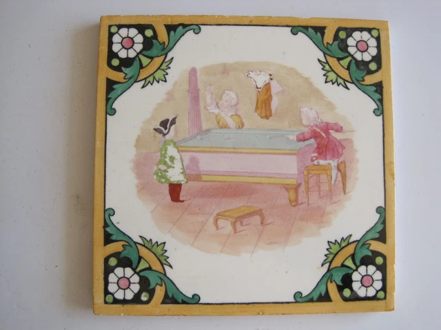 Antique Victorian Minton Hollins Regency Children Tile - Billiards C1875