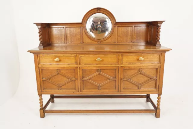 Antique Tiger Oak Barley Twist Sideboard Mirror Back, Scotland 1910, H702