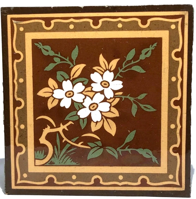 Antique The Campbell Tile Co Stoke Upon Trent England Encaustic Botanical Tile