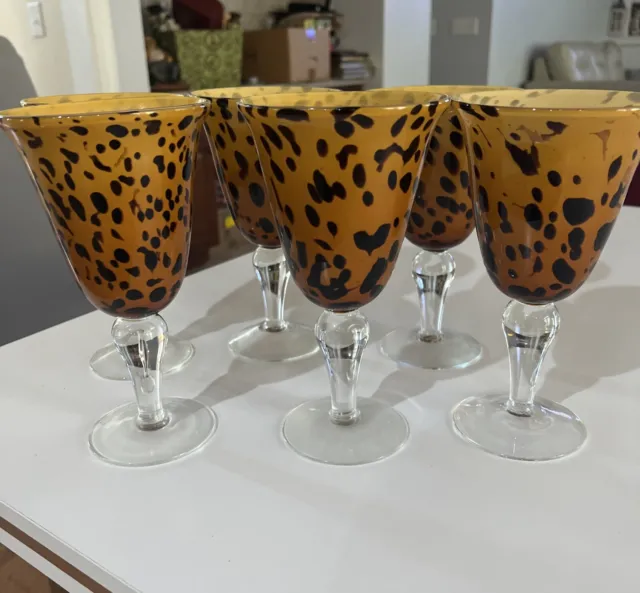 6 Global Amici Safari Wine Goblets Cheetah Print Tortoise Shell Leopard 10 oz